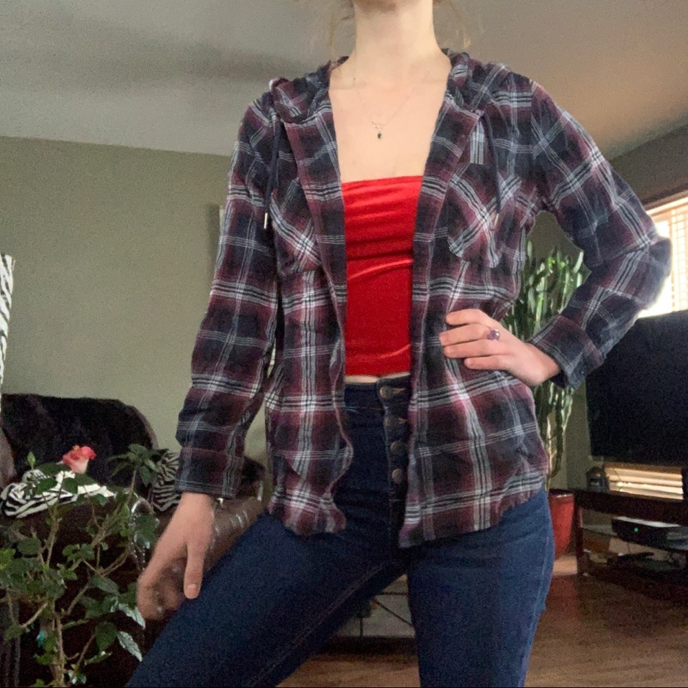 Checkered Red Button Down Hooded Shirt